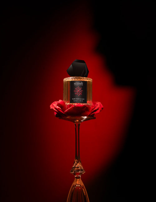 Stimuli Ruby Rose & Oud parfum bottle with spray cap