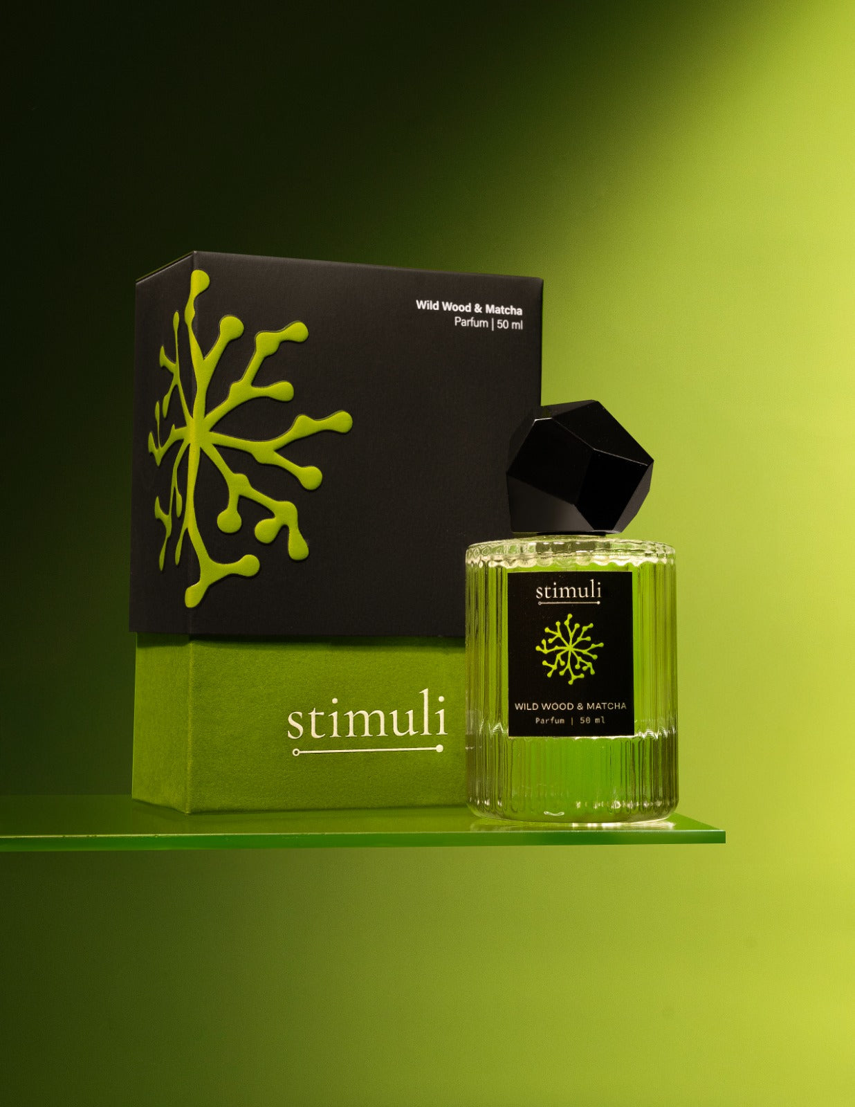 Stimuli Wild Wood & Matcha parfum packaging and box